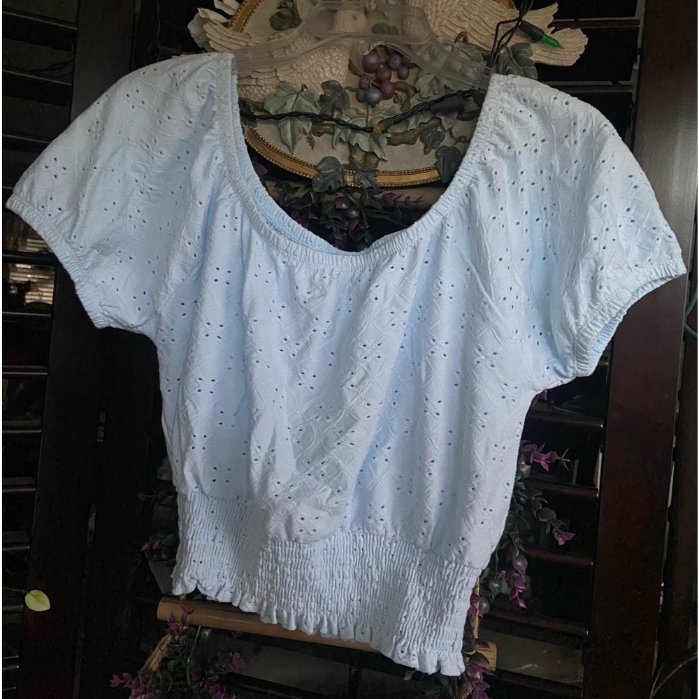 SO elastic eyelet off the shoulder short sleeve top with elastic waist/crop top